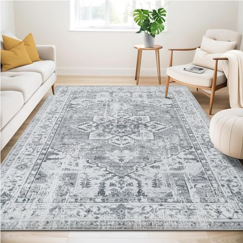 Vintage Rug 120x170cm, Washable Rugs, Living Room Rugs,Non Slip Carpet | Boho Rug, Traditional Oriental Rugs, for Bedroom, Dining Room, Office,Vintage Grey
