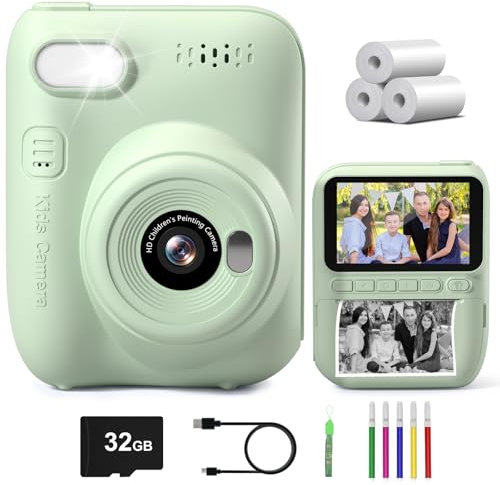 Gofunly Sofortbildkamera Kinder, 3.0 Zoll Bildschirm Kinderkamera Sofortbildkamera mit 32GB Karte & Druckpapier, 14MP/1080P Kamera Kinder Sofortdruck, Geschenk für 3-12 Jahren (Grün)