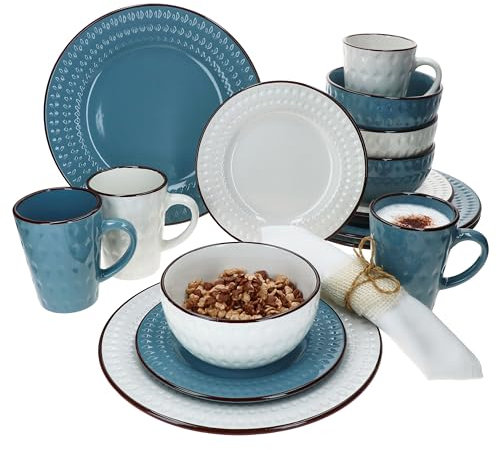 MamboCat Rome Service combiné 16 pièces pour 4 personnes Bleu et blanc I Service de table en faïence avec 4 tasses à café de 320 ml, bols de 550 ml, assiettes à gâteau et assiettes plates I Petit