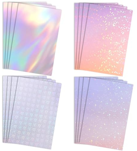 Holographic Sticker Paper, 16 Sheets A4 Holographic Paper Sticker Transparent Waterproof Self Adhesive Film for DIY Crafts Scrapbooking Decoration (4 Motifs)