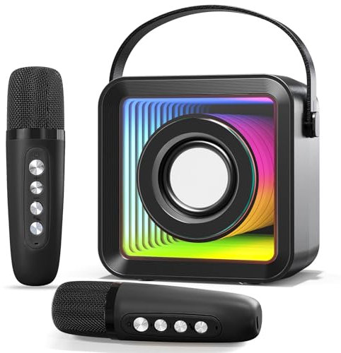 HUABAO Mini Karaoke Machine with 2 Wireless Microphones, Portable Bluetooth Singing Speaker with Lights for Kids & Adults, Child Karaoke Toys, Gift for Girls & Boys for Birthday, Home Party (Black)