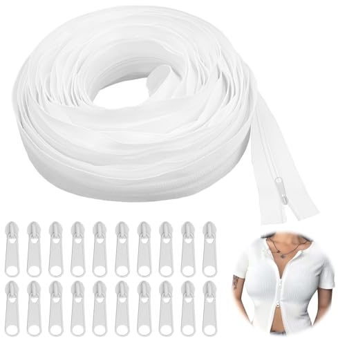 Cremalleras Por Metros para Coser, 30mm 10m Cremalleras Sin Fin para Costura, Cremallera Continua Blanco con 20 Tirador Cremallera, Cremalleras de Nylon para Bolsos, Ropa, Ropa de Cama, Manualidades