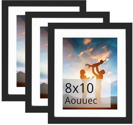 Aouuec 10x8 Photo Frames Set of 3, Solid Wood Frames with Acrylic Glass,Matted for 4x6/5x7 inch,8x10 Picture Frames for Tabletop and Wall Mounting,20x25cm Poster frames for Printing,Black 3 Pack