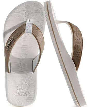 COFACE Men's Flip Flops Comfortable Yoga Mat Cushion Thong Sandals with Arch Support Casual Summer Beach Slides For Man, Beige White Size 8