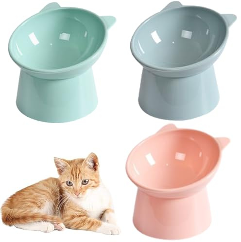 UQMIQURA 3 ciotole per cibo per gatti, anti-vomito, con design inclinabile di 15°, ciotola per gatti (rosa, grigio e verde)