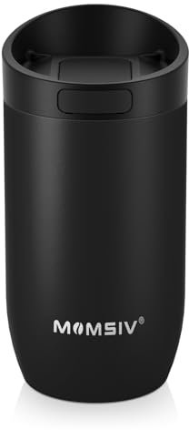 MOMSIV Thermobecher 350ml, Edelstahl Isoliert Kaffeebecher mit Press-Verschluss, Vakuum Auslaufsicher Doppelwandig Reisebecher Kaffee-to-go Becher für Heiße und Kalte Getränke, Schwarz