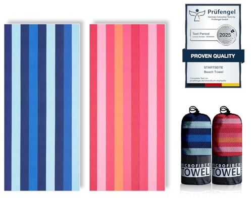 Microfibre Beach Towels for Adults - 200x90cm 2 Pack Extra Large Beach Towels in Gift Boxed, 250 GSM, Sand Free, Lightweight & Quick Dry Beach Towel for Swim, Travel and Gym(Pink Stripe & Blue Stripe)