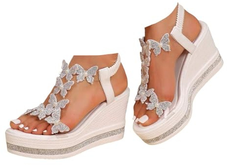 Xbemkste sandaler med kilklack damer platåsandaler höga klackar sandaler med glitter strass fjäril eleganta sommarsandaler för fest bröllop, Vit, 35 EU