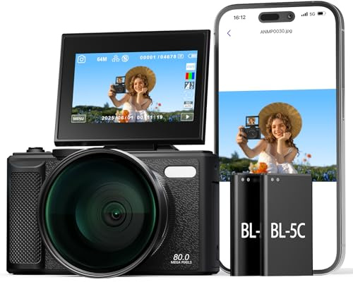 Appareil Photo Numérique 5K 80MP avec WiFi & Autofocus, Caméra Vlogging Youtube, Écran 3 180° Rabattable, Zoom 18X, Compact Voyage Débutants & Adolescents, INCL. Carte 64GB & 2 Batteries