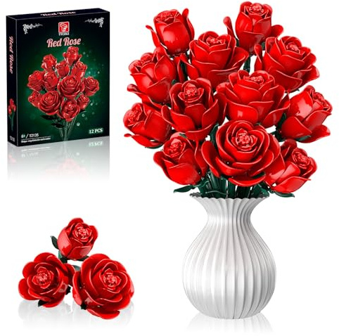Blocs de Construction Bouquet de Roses Rouges, 12 Roses Artificielles, Jeu de Construction Pour Adultes et Femmes, Cadeau d'anniversaire Pour Elle/Maman/Petite Amie/épouse/Couple, Collection Botanique