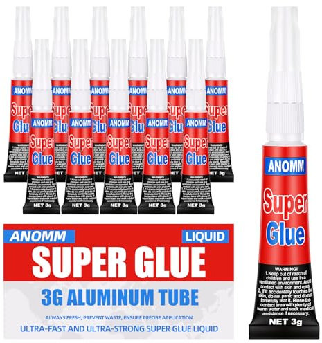 ANOMM 12 x 3 g superlim extra stark, universal flytande superlim | Transparent och sömlös, förhindrar munstycksförstoppning, superlim flytande för plast gummi läder metall keramik glas
