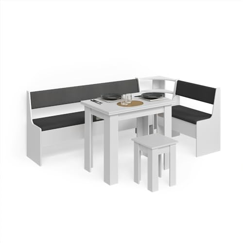 Livinity Gruppo panca ad angolo Tiberio, Bianco, 210 x 120 cm con tavolo