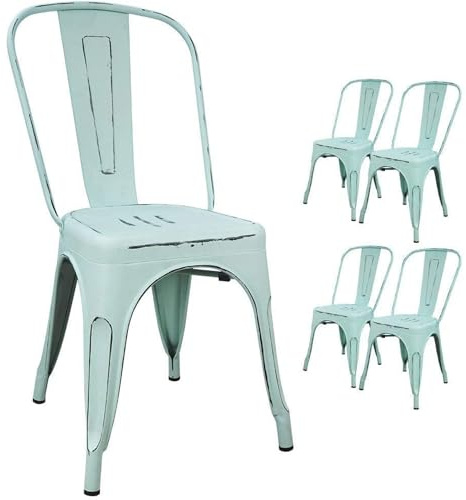 Devoko Metal Indoor-Outdoor Chairs Distressed Style Kitchen Dining Chairs Stackable Side Chair with Back Set of 4 (Blue)
