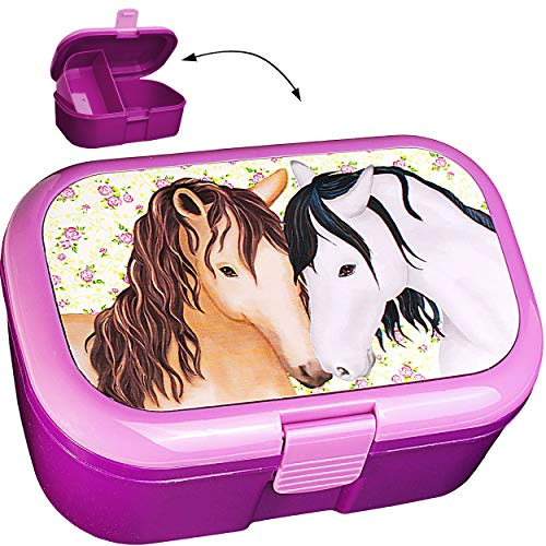 alles-meine.de GmbH Lunchbox/Brotdose - Pferde & Blumen - BPA frei - mit extra Einsatz/herausnehmbaren Fach - Brotbüchse Küche Essen - für Mädchen Pferd - Tiere Blüten Fr..