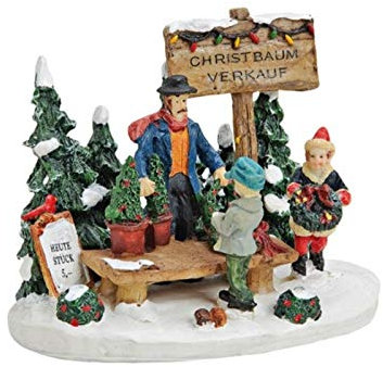 Weihnachtliche Miniatur-Figuren Winterwelt-Szene aus Poly – Marktstand Christbaumverkauf B12 x T8 x H10 cm - Winterwelt Szene für Weihnachtsdorf Miniaturwelt Weihnachtsdekoration Sammlerobjekt