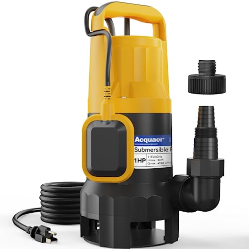 Acquaer Sump Pump Submersible Water Pump for Water Removal in Hot Tubs, Pools,Basements, and Garden Ponds, Yellow, 1HP 4948GPH with Float