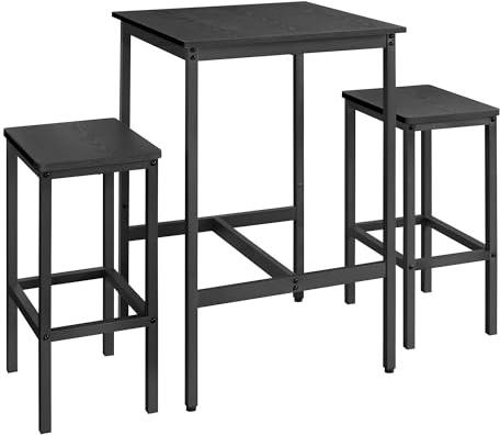 VASAGLE Bar Table and Chairs Set, Square Table with 2 Stools, Dining Pub Set for 2, Space Saving for Kitchen Breakfast, Living Room, Party Room, Ebony Black and Ink Black