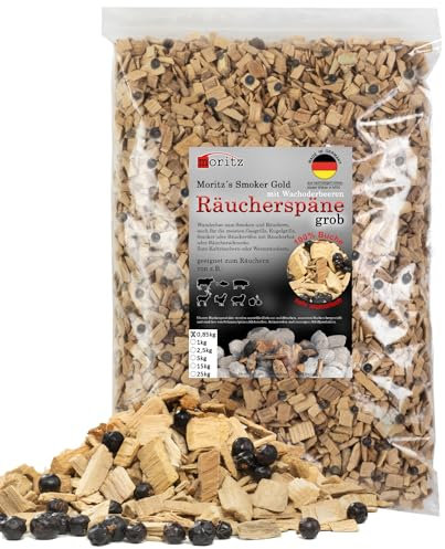 Moritz Copeaux de fumage en hêtre avec genévrier - 0,85 kg - Gros grain 6 à 12 mm - Fumoir à froid de poisson, viande, saucisse, fromage, légumes, également pour barbecue, farine de fumage