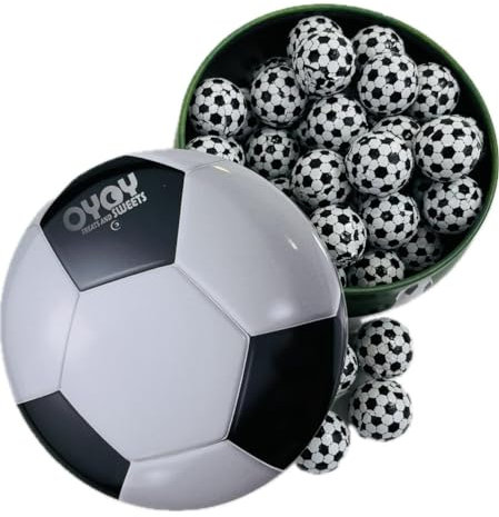 OYOY Fussball Geschenkbox aus Metall gefüllt mit Fussball Schokolade I Süßigkeiten Box mit ca. 36 Schoko Fussbälle I Fußball Süßigkeiten I Mitbringsel Erwachsene und Kinder