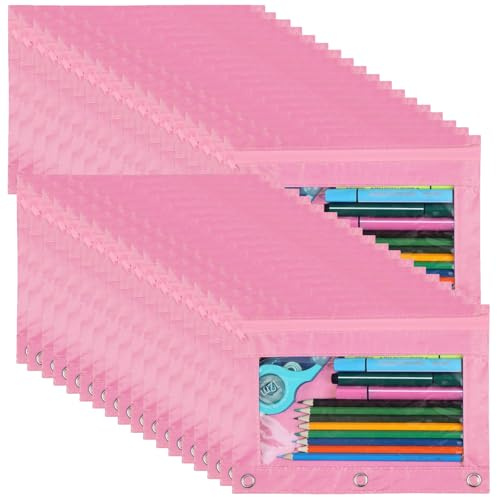 YoeeJob Paquete de 36 estuches para lápices de 3 anillos con ventana transparente, estuche transparente con cremallera adecuado para la escuela y la oficina (rosa)
