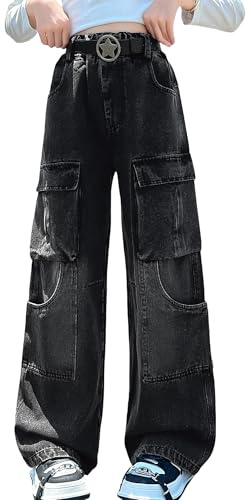 SEAUR Ragazze Hip Hop Pantaloni a Gamba Larga Pantaloni Dritti Baggy Jeans Dritti Bambini Nero Cintura Non Inclusa