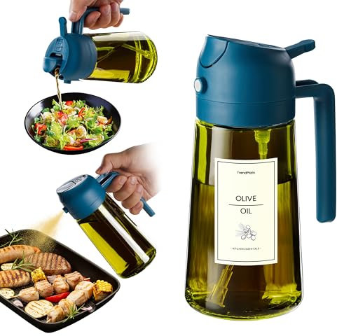 TrendPlain Pulverizador Aceite Spray 470ml - 2 en 1 Spray Aceite Cocina y Dispensadora con Etiquetas y Protección contra la Luz para Freidora de Aire, Ensaladas y Vinagre - Marino