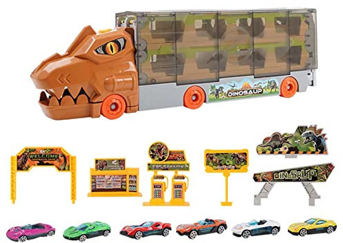 Hanzete Truck Toy Set, 2-in-1 Foldable Deformation Ejection Race Track Storage Truck with 6 Mini Alloy Toy Cars for Kids