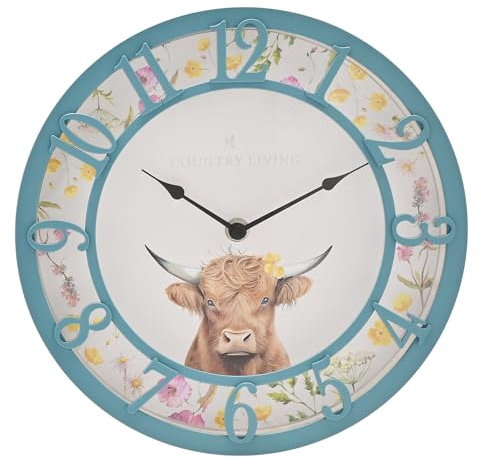 Country Living - Blue Highland Cow Clock - Indoor & Garden Homeware and Gifting - Spring/Countryside Theme Home Decor - Designed for Outside Use - H: 25cm x W: 25cm.