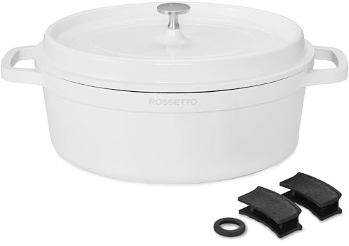 ROSSETTO 10,6L Cocotte ovale en fonte d’aluminium, revêtement antiadhérent en céramique. Couvercle avec picots saveurs. Compatible tous feux dont induction et au four jusqu’à 230℃, 38CM, Blanc