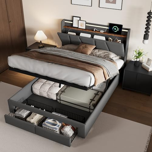 FOERPL Cama 140x190 con Almacenaje Hidráulica y 2 Cajones, Camas Tapizada de Matrimonio con LED y USB, 140x190 Cama Canape con Cabecero y Somier, Lino