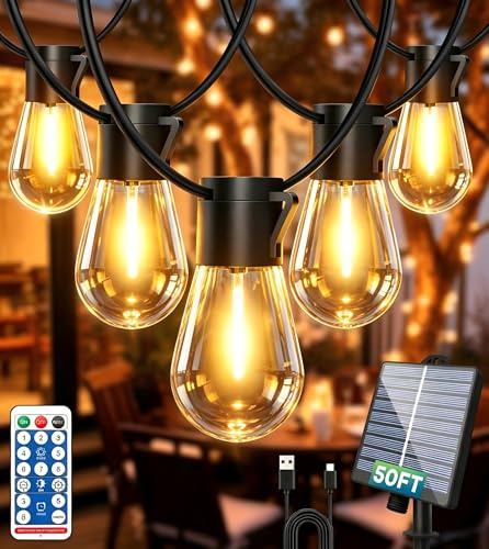 LITOHOM Luces solares para exteriores, 15 m, funciona con energía solar, cadena de luces de jardín con control remoto, 20 bombillas inastillables IP65 impermeables S14, regulables, 4 modos de luces