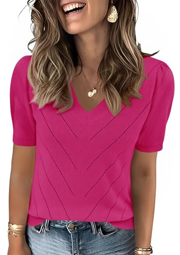 Rapbin Womens Clothes UK Puff Short Sleeve Jumper Fashion V-Neck Tops Clothing Lightweight Knit Work Sweater Shirt Pink L