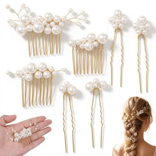 7Pcs Gold Wedding Bridal Pearl Hair Pins Clips, Bridal Headpiece Hair Comb | Vintage Hair Headpiece Jewelry Handmade Elegant Hair Accessories for Women Bridesmaids Brides Flower (Pearl Style)