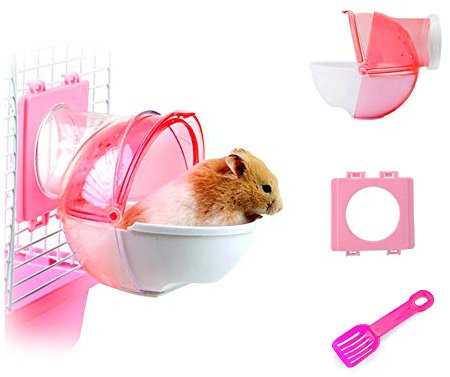 WishLotus Hamster Sand Badezimmer, 3 Stück Abnehmbarer Kunststoff Hamster Sand Bad Behälter Kleine Haustier Badewanne Außentoilette mit Schaufel und Käfigzubehör für Hamster Meerschweinchen (Rosa)
