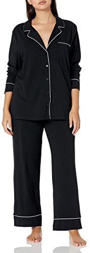 Amazon Essentials Damen Schlafanzug-Set aus Baumwollmodal mit langärmligem Hemd und durchgehendem Unterteil, Schwarz, S