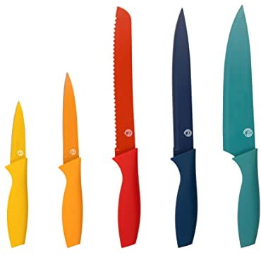MasterChef Set Coltelli da Cucina, Collezione per Pane, Carne e Verdure, Acciaio Inox, Prova di Calore, Manici e Lame Colorati, Lavabile in Lavastoviglie, 5 Pezzi