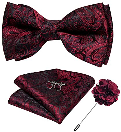 DiBanGu Black Red Bow Ties for Men Pre-tied Paisley Bow Tie Adjustable Bowtie Set with Pocket Square Lapel Pin cufflinks Wedding Prom