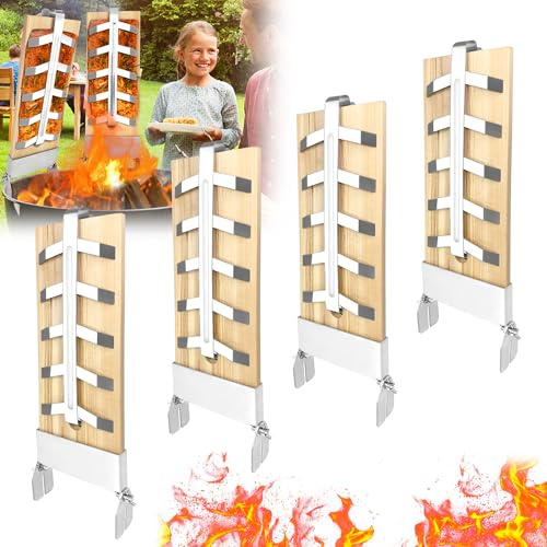 AufuN Tablas de salmón de llama, 4 tablas de incienso de madera de cedro, con 5 niveles ajustables, soporte estable de acero inoxidable, salmón de hasta 2,5 kg, para cuencos de fuego, para barbacoa