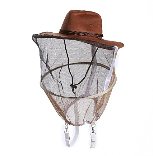 Yurosiay Chapeau d'apiculteur pour Homme Marron avec Voile Moustiquaire d'extérieur avec Bandoulière Amovible Chapeau de Protection Contre Les Abeilles Chapeau de Protection Contre Les Moustiques