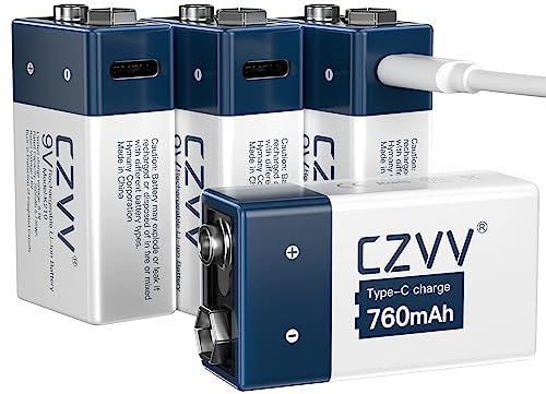 czvv Piles 9V Rechargeable Lithium - Haute Capacité 760mAh Lithium-ION - USB Type-C - Durée de Vie Ultra Longue 10 Ans - 1300 Fois Cycle - Détecteurs de Fumée, Radios, Microphones sans Fil (4 unités)
