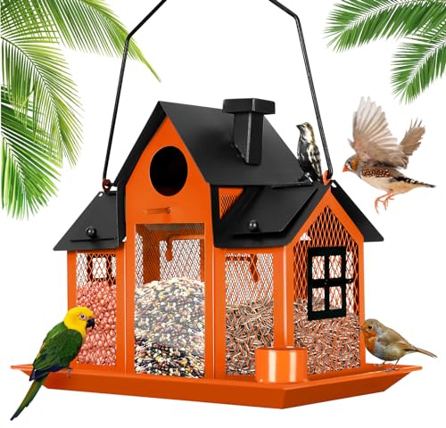 Solar Bird Feeders House for Outside Hanging, Metal Wild Bird Feeder for Outdoors Large Capacity Cardinal Birdfeeder Birdhouses Metal Bird Feeding Station Orange