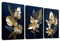 3 Panels 3D Marineblaue Goldblumen Mit Rahmen Leinwand Bilder Monstera Kokosnuss Blätter Bild auf Leinwand Malerei Poster Wandbilder Wohnzimmer Schlafzimmer Badezimmer Wanddeko 120x60cm (16x24x3pcs)