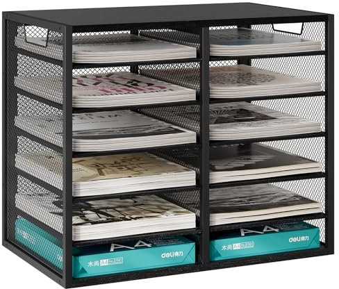 EasyPAG 12 Fächer Metall Holz A4 Büro Schreibtisch Organizer Dokumentenhalter Aktenablage Zeitschriftenhalter Briefablage Papier Magazin Organisator,Schwarz