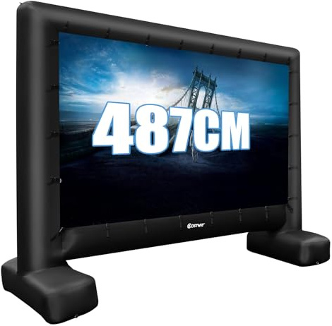 GOPLUS Ecran Gonflable Exterieur 4/4,5/5 m, Écran Geant Gonflable Videoprojecteur Projection Cinema avec Ventilateur, Sac Rangement, Piquets Sol, Installation Facile, Double Face (328 x 185 cm)