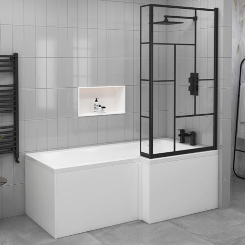 1700 x 850mm Right Hand L-Shaped Shower Bath Square Bathtub with Matt Black Abstract Grid Screen & Fixed Return Panel