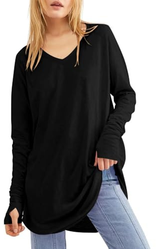 Ebifin, camicia da donna a maniche lunghe, con scollo tondo, basic, bluse, tunica, t-shirt, top., B-nero, S