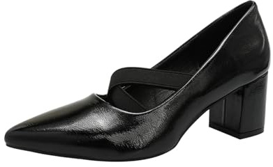 qibusleen Escarpins en cuir à talon bloc fermé à bout pointu pour femme avec deux sangles croisées extensibles pour le travail, le bureau, les fêtes, le quotidien, chaussures de 6 cm, noir, 42 EU