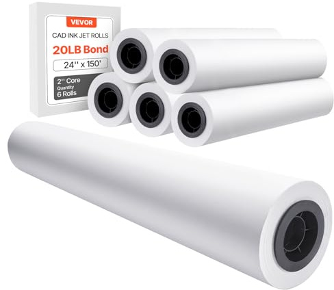 VEVOR Vit ritpapper rulle stor storlek 610 mm x 45,7 m, 6 rullar CAD-plotterpapper, 50,8 mm kärna, för ingenjörsplaner, GIS-kort, arkitektonisk design