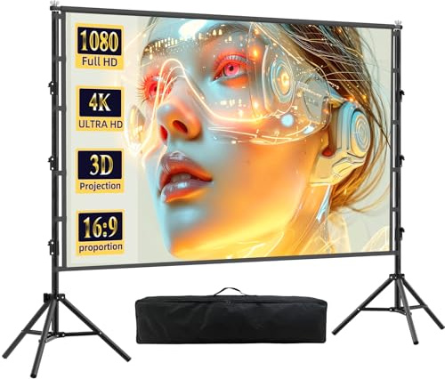 DUYIKJ - Proyector de pantalla con trípode, proyector portátil de 120 pulgadas, para cine al aire libre, 160 grados, 16:9, HD trasera, proyección frontal, ideal para cine en casa, películas interiores