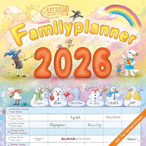 Alpha Edition - Familienplaner Cartoon Kalender 2026 – 30x30 cm – Broschürenkalender mit 6 Spalten & Platz für Notizen – Lustiger Wandkalender für ... Feiertagen & Ferienterminen: by Bayer-Design
